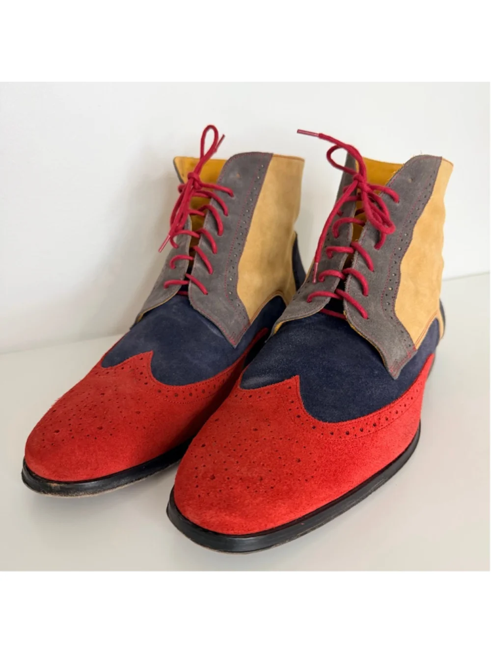 UNDANDY Men's Suede Wingtip Brogue Chukka Boots Size 12 Navy Mustard Red Gray